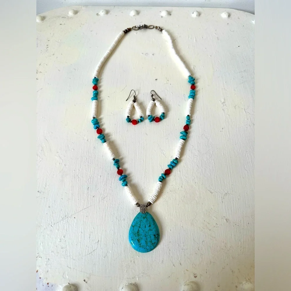 Turquoise Coral Sea Puka Shell Southwestern Boho Native Necklace Earrings Set - Picture 2 of 4